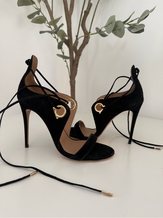 Salvatore Ferragamo Shoes - Salvatore Ferragamo Black Suede Lace-Up High Heels with Gold Hardware
